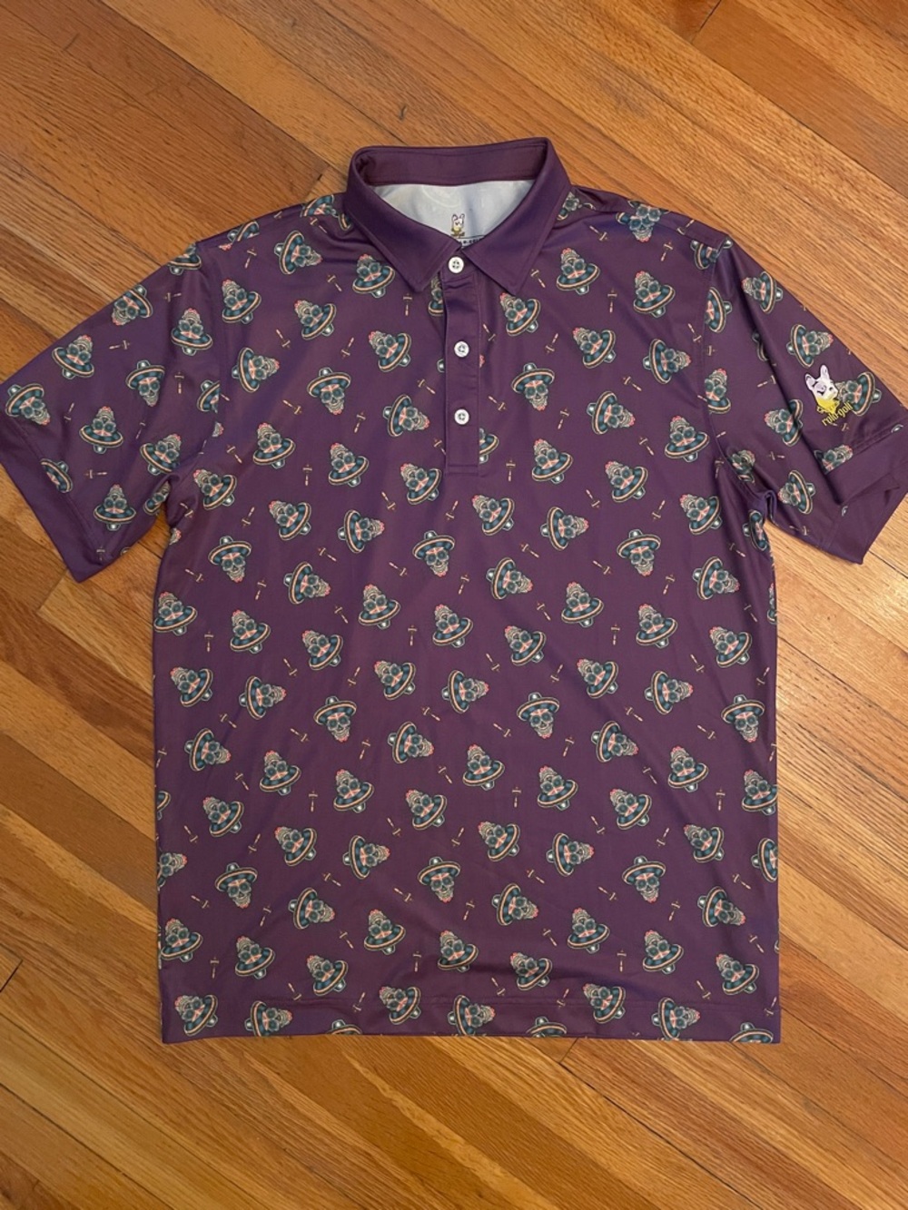 ROLO GOLF Sugar Skull Novelty Print Purple Coastal Sporty Whimsical Polo Shirt